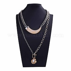 Resin Horn & Zinc Alloy Coin & Plastic Pearl Pendant Double Layer Necklaces for Women&nbsp;FS-WGDE545-02