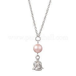 Alloy Rose Flower and Round Shell Pearl Pendant 304 Stainless Steel Cable Chain Necklaces for Women&nbsp;NJEW-JN05759-01