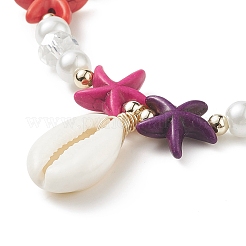 2Pcs 2 Style Starfish & Tortoise Synthetic Turquoise(Dyed) & Glass Pearl Beaded Stretch Bracelets Set&nbsp;BJEW-JB08994