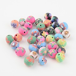 Handmade Flower Pattern Polymer Clay Round Beads&nbsp;CLAY-Q172-M