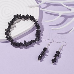 Natural Obsidian Chips Beaded Jewelry Set&nbsp;X-SJEW-JS01232-01