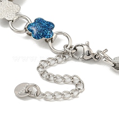 304 Stainless Steel Enamel Flower Link Chain Bracelets with Glitter Powder&nbsp;BJEW-S153-05P-01