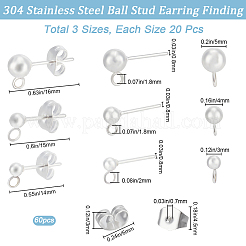 60Pcs 3 Style 304 Stainless Steel Ball Stud Earring Post&nbsp;STAS-BBC0004-21
