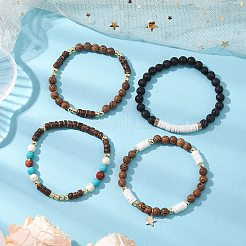 4Pcs 4 Styles Wood & Natural Lava Rock Round Beaded Stretch Bracelet Sets&nbsp;BJEW-JB10811