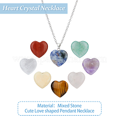 8Pcs 8 Styles Natural Mixed Gemstone Heart Pendant Necklace with Alloy Chains&nbsp;NJEW-FI0001-45