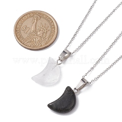 2Pcs 2 Style Crescent Moon Natural Larvikite & Quartz Crystal Pendant Necklaces&nbsp;NJEW-JN04642