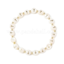 Natural Freshwater Shell Flat Round with Cross Beaded Stretch Bracelets for Women&nbsp;BJEW-JB14238