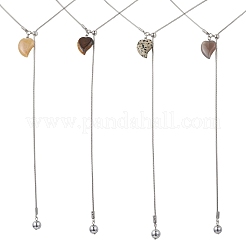 Natural Grey Agate & Topaz Jade & Tiger Eye & Dalmatian Jasper Heart with Synthetic Non-magnetic Hematite Beads Pendant 304 Stainless Steel Snake Chain Lariat Necklaces&nbsp;NJEW-JN05897
