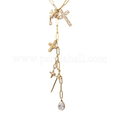 304 Stainless Steel Pave Clear Cubic Zirconia Religion Cross Teardrop Pendant Y Long Tassl Lariat Necklaces for Women&nbsp;NJEW-G199-04G