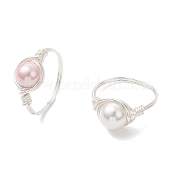 2Pcs Copper Wire Wrapped Shell Pearl Round Bead Finger Rings&nbsp;RJEW-JR00973