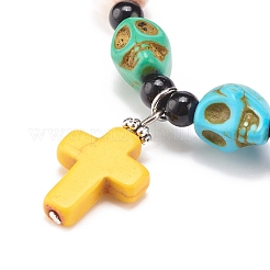 Natural Mashan Jade Skull Beaded Stretch Bracelet with Synthetic Turquoise(Dyed) Cross Charm&nbsp;BJEW-JB08372
