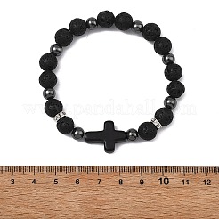 2Pcs 2 Styles Natural Lava Rock & Synthetic Turquoise & Non-magnetic Hematite Cross & Round Beaded Stretch Bracelets for Women Men&nbsp;BJEW-JB13929