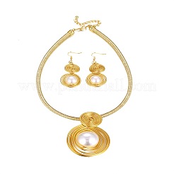 Oval Aluminum Wire Wrapped Acrylic Imitation Pearl with Imitation Leather Pendant Necklaces & Dangle Earrings Sets &nbsp;FS-WG4644F-01