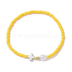 5Pcs Glass Seed Bead Stretch Bracelets with Brass Cross & Imitation Pearl&nbsp;BJEW-MZ00300