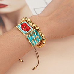 8mm Round Brass Bead Glass Seed Beaded Square with Heart Letter FE Charms Bracelets&nbsp;RH7908