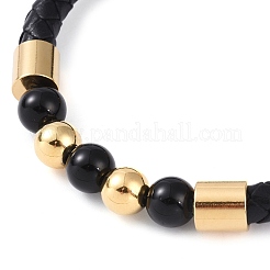 Round Natural Black Onyx(Dyed & Heated) Beads Braided Leather Cord Bracelets&nbsp;BJEW-A009-01G