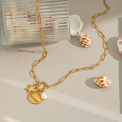 Stainless Steel Shell Shape Starfish Imitaiton Pearl Pendant Necklaces for Women&nbsp;QE7881