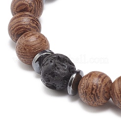 Natural Lava Rock & Wood Beaded Stretch Bracelet&nbsp;BJEW-JB08535-02