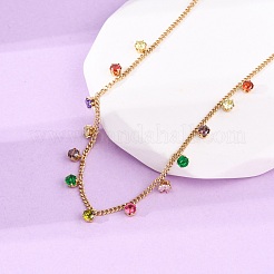 304 Stainless Steel Pave Colorful Cubic Zirconia Flat Round Tassel Twisted Chain Necklaces for Women&nbsp;LS-NJEW-A051-04G