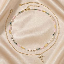 Colorful Natural Mixed Stone and Imitaiton Pearl Beaded Double Layered Necklaces with Stainless Steel Religion Cross Pendant&nbsp;MK2269