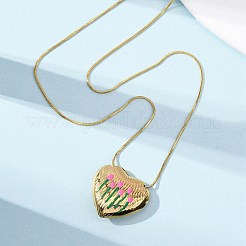 304 Stainless Steel Enamel Heart with Flower Pendant Necklaces for Women&nbsp;NJEW-D347-01G-01