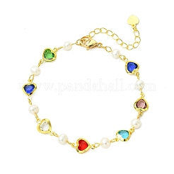 Brass Glass Colorful Heart Link Chain Bracelets with Natural Pearl Beads for Women&nbsp;BJEW-JB14163
