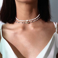 Bohemian Ethnic Style Natural Shell & Glass Seed Beaded Double Layer Choker Necklaces&nbsp;FS-WG063D6-01