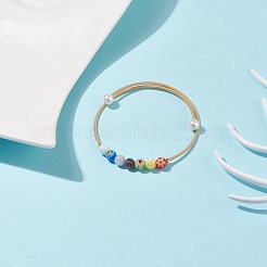 Handmade Millefiori Glass Round Beaded Cuff Bangle with Pearl&nbsp;BJEW-JB08327