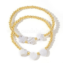 2Pcs 2 Styles European Cross Heart Natural Shell and Brass Round Beaded Stretch Bracelet Sets&nbsp;AC5817-1