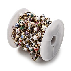 Handmade 304 Stainless Steel Porcelain Beaded Round with Flower Pattern Link Chains&nbsp;CHS-L032-15G-02