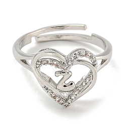 Heart with Letter Rack Plating Brass Micro Pave Clear Cubic Zirconia Adjustable Rings for Women&nbsp;RJEW-I105-01P-Z