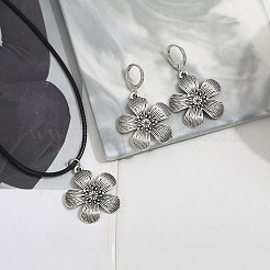 Flower Alloy with Imitation Leather Cord Pendant Necklace & Hoop Earring Sets&nbsp;FS-WGDD3CA-01