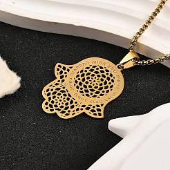 201 Stainless Steel Hollow Religion Hamsa Hand Pendant Necklaces&nbsp;NJEW-M086-01G