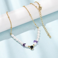Natural Amethyst Chip and Rice Natural Pearl Beaded Necklaces&nbsp;GG-CBA3297-15G-G