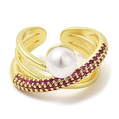 Cubic Zirconia Criss Cross Open Cuff Ring with Plastic Pearl Beaded&nbsp;RJEW-K247-04G