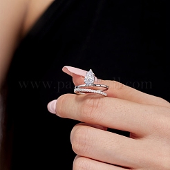 Anti-Tarnish Rhodium Plated 925 Sterling Silver Teardrop Finger Rings&nbsp;RJEW-Z040-07P
