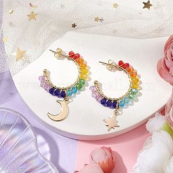 Moon & Star Chakra Faceted Glass Dangle Half Hoop Earrings&nbsp;EJEW-JE05896