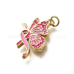 October Breast Cancer Pink Awareness Ribbon Brass Enamel Pendants&nbsp;KK-G525-10G-07