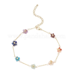 Chakra 304 Stainless Steel & Brass & Natural Green Aventurinee/Garnet/Amethyst/Apatite/Gold Rutilated Quartz/Carnelian/Lapis Lazuli Bead Flower Link Chain Anklets for Women&nbsp;AJEW-AN00692
