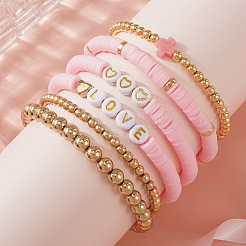 6Pcs 6 Styles Brass Round Beads Stretch Bracelet & Polymer Clay Heishi Beads Stretch Bracelet Set&nbsp;TA0398-1