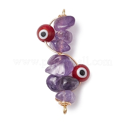 Natural Gemstone/Glass Chip Copper Wire Wrapped Handmade Lampwork Blue/Red Evil Eye Connector Charms&nbsp;PALLOY-JF02977-02