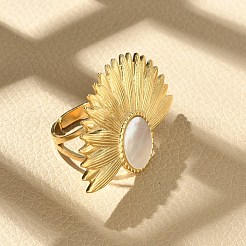 Flower 304 Stainless Steel White Shell Finger Rings for Women&nbsp;RJEW-G346-11G-02