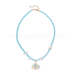 Ocean Natural Shell Copper Wire Wrapped Flower Shell Pendant Faceted Rondelle Glass and Round Shell Pearl Beaded Necklaces&nbsp;NJEW-TA00222