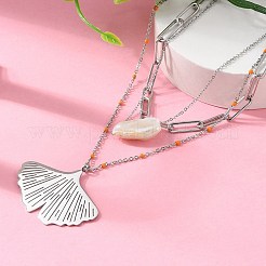 304 Stainless Steel & Natural Pearl & Enamel Beads Leaf Pendant 3 Layer Necklaces for Women&nbsp;NJEW-A045-18P