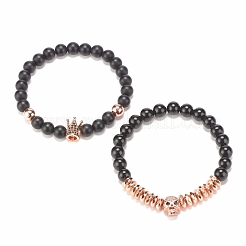 2Pcs 2 Style Synthetic Hematite & Black Stone & Natural Obsidian Stretch Bracelets Set with Cubic Zirconia Skull&nbsp;BJEW-JB08120-04