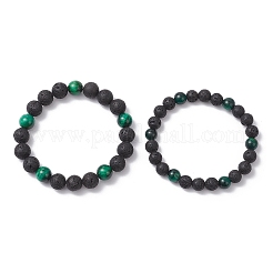2Pcs 2 Colors Natural Lava Rock & Dyed Green Tiger Eye Round Beaded Stretch Bracelet Sets&nbsp;BJEW-JB12250