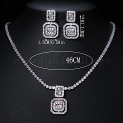 Square Brass Micro Pave Clear Cubic Zirconia Pendant Necklaces & Stud Dangle Earrings Sets&nbsp;FS-WG98D1F-01