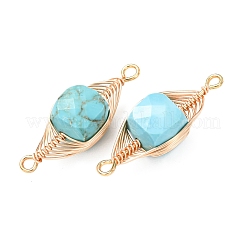 Natural Turquoise Faceted Cube Links Connector Charms with Copper Herringbone Wire-Wrapped&nbsp;KK-Z152-06G-01B