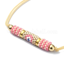 Glass Seed Column with Evil Eye Link Bracelet&nbsp;BJEW-MZ00029-02