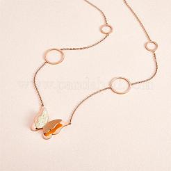 Long Chain Necklace with Butterfly Pendant Stainless Steel Rose Gold Sweater Necklace Adjustable Chain Necklace with Circles Ornaments Trendy Neck Jewelry for Women&nbsp;JN1101A